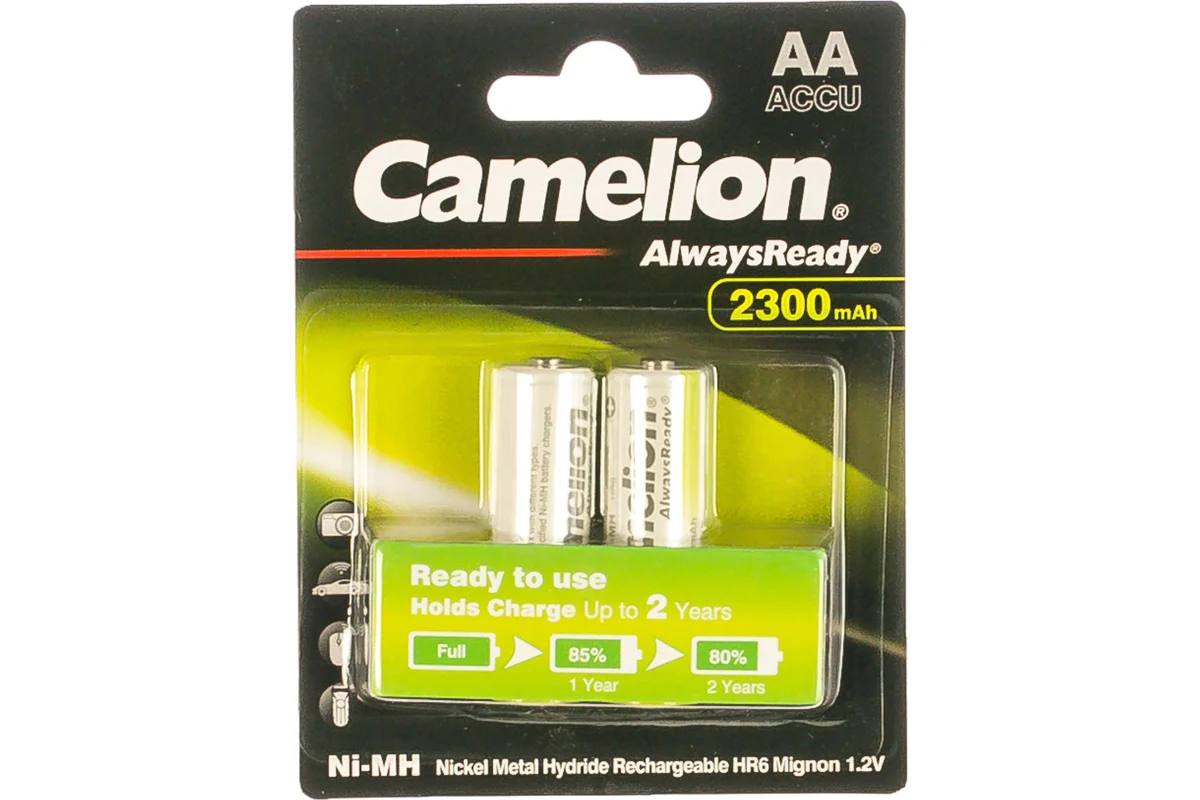 Аккумулятор, CAMELION, NH-AA2300ARBP2, AlwaysReady Rechargeable, AA, 1,2V, 2300 mAh, 2 шт,, Блистер