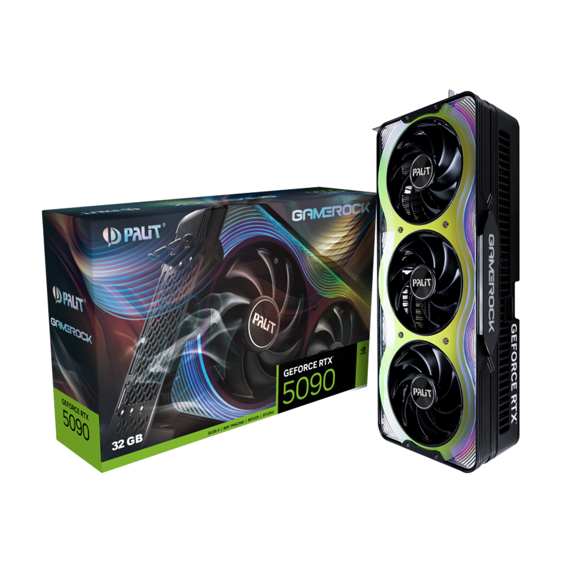Видеокарта 32 Gb PALIT RTX5090 GAMEROCK 32G, NE75090019R5-GB2020G, GDDR7, 512bit, 3-DP, HDMI, 331.9*150*70.4 мм, Цветная коробка