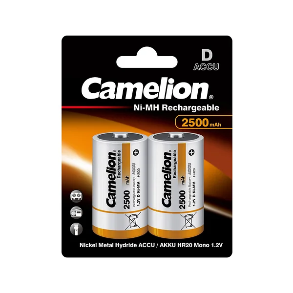 Аккумулятор, CAMELION, NH-D2500BP2, Rechargeable, D, 1.2V, 2500 mAh, 2 шт., Блистер