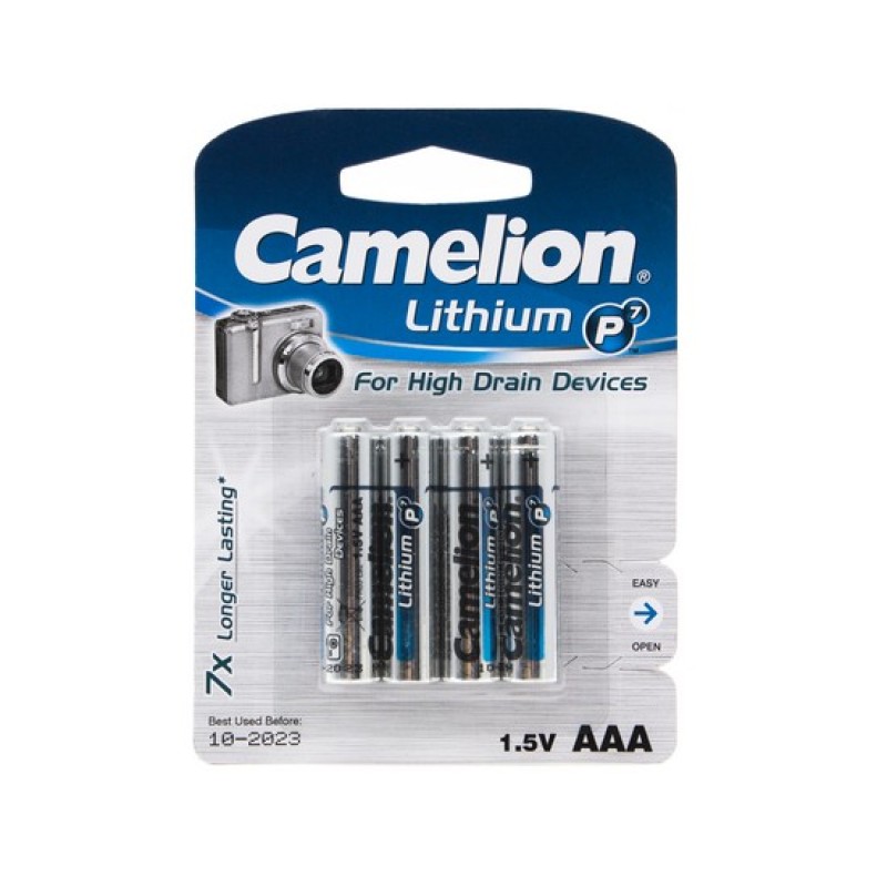 Батарейка, CAMELION, FR03-BP4, Lithium P7, AAA, 1,5V, 1250 mAh, 4 шт,, Блистер