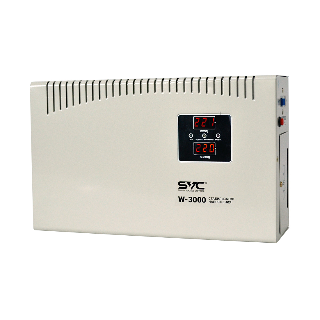 Стабилизатор (AVR), SVC, W-3000, Мощность 3000ВА/3000Вт, LED-дисплей, Диапазон работы AVR: 140-260В, Вых.: 220В+/-7%, Клеммная колодка, Габариты: 380*