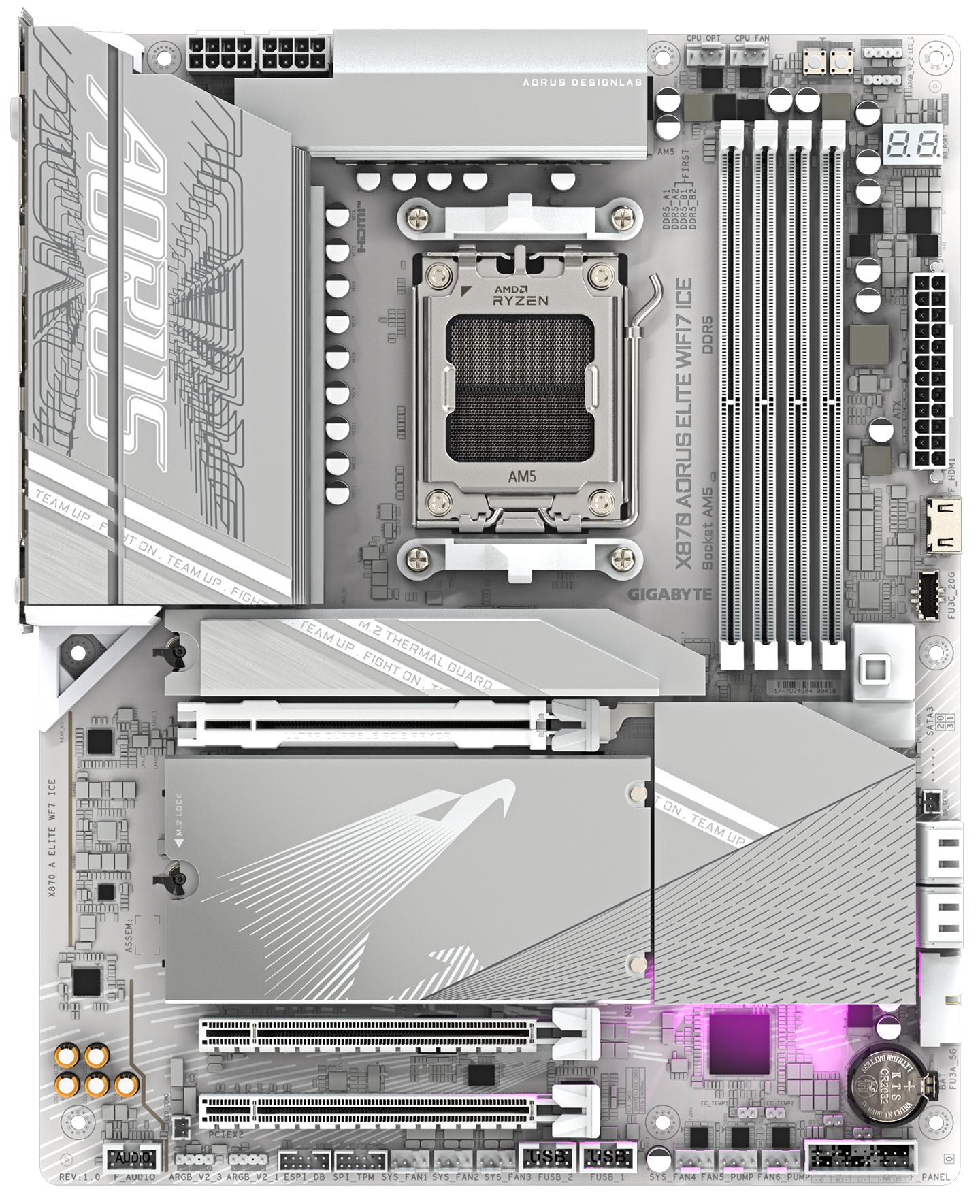 Мат.плата AMD Gigabyte X870 AORUS ELITE WIFI7 ICE, AM5, X870, 4xDDR5 4400/4800/5200/8000(OC), 4xSATA3, 4xM.2 (PCIe 4.0 x4/x2), Raid, 1xHDMI, 2xUSB4 Ty