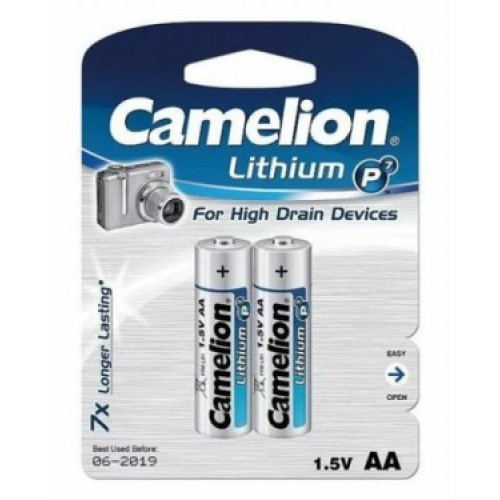 Батарейка, CAMELION, FR6-BP2, Lithium P7, AA, 1,5V, 3000 mAh, 2 шт,, Блистер