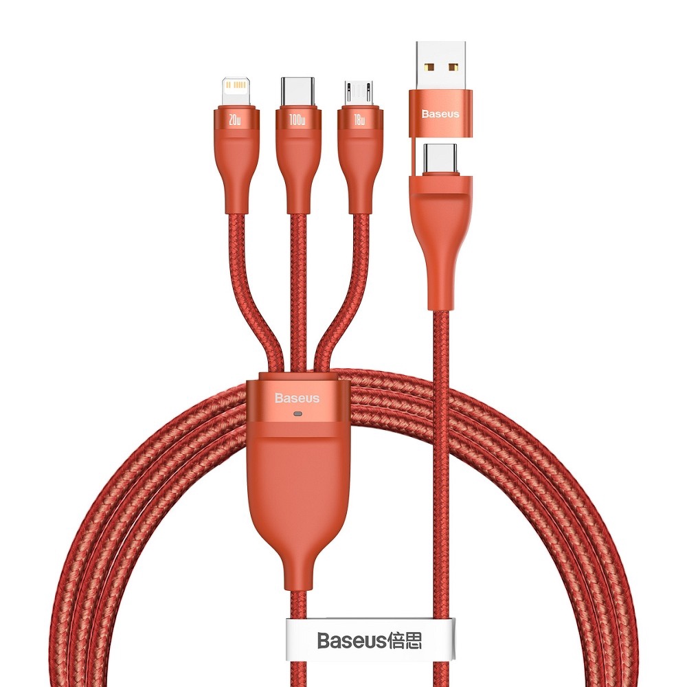 Кабель Baseus Flash Series U+C в M+L+C, 100W, 1.2м (CA2T3-07), красный