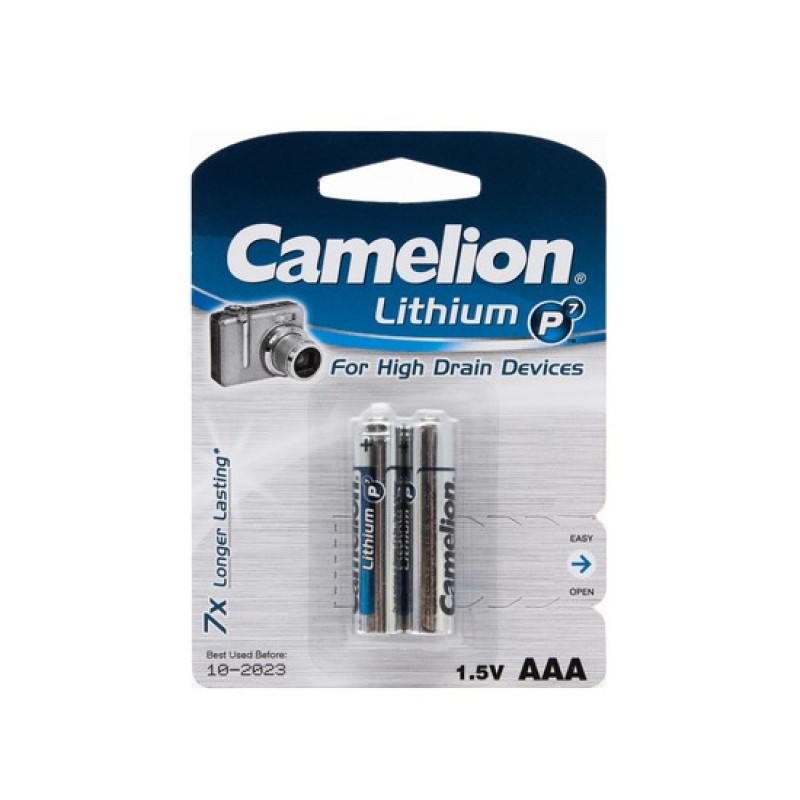 Батарейка, CAMELION, FR03-BP2, Lithium P7, AAA, 1,5V, 1250 mAh, 2 шт,, Блистер