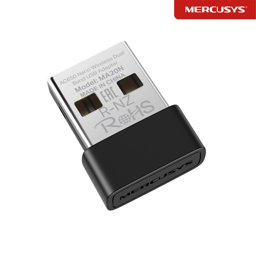 Сетевой адаптер беспроводной USB AC 650 Mercusys MA20N <Сверхкомпактный двухдиапазонный USB-адаптер Wi-Fi AC650, 1T1R, 433Mbps at 5GHz + 200Mbps at 2.