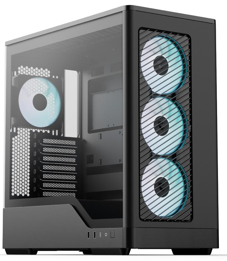Кейс, Aerocool, D520A-BK-v1, ATX/Micro ATX, USB 1*Type C/2*3.0, HD-Audio+Mic, Кулер 4*12 см APNX ARGB, Высота процессорного кулера до 180 мм, Длина VG
