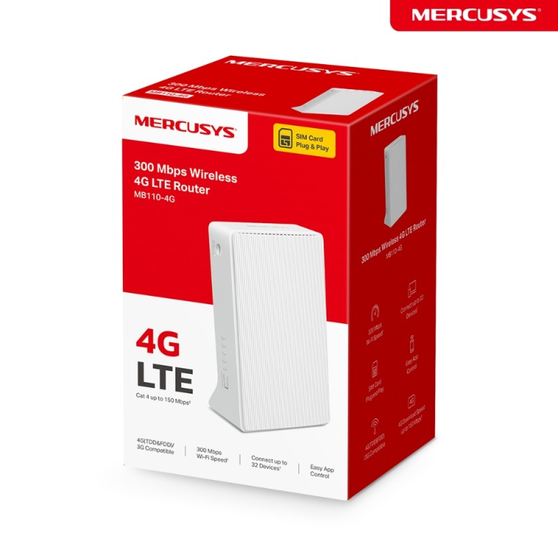 Маршрутизатор 4G LTE Cat4 беспроводной Mercusys MB112-4G <1 порт LAN/WAN 10/100 Mbps, 1 порт LAN 10/100 Mbps, 1 слот для SIM-карты, 2 встроенные Wi-Fi