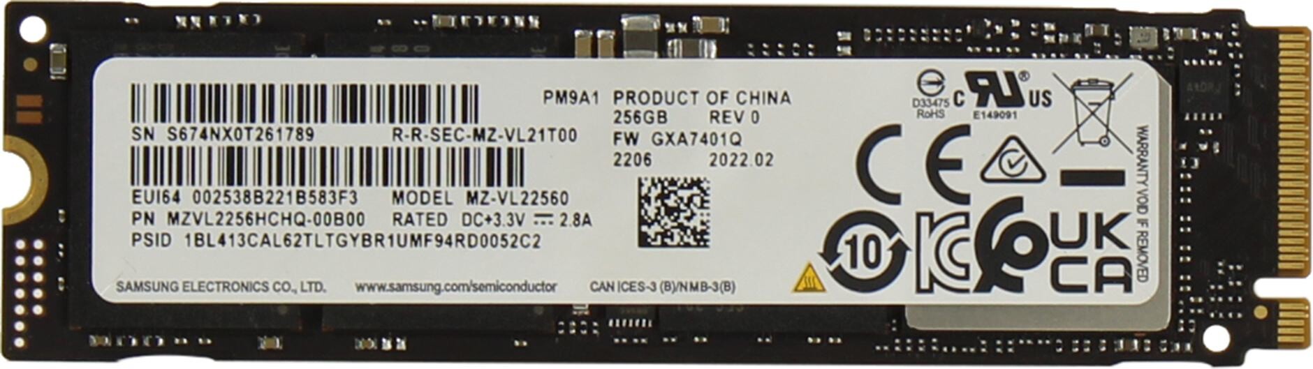 256 GB SSD M.2 Samsung PM9A1 R6400M/s W2700M/s M.2 PCI-E4x4 MZVL2256HCHQ-00B00