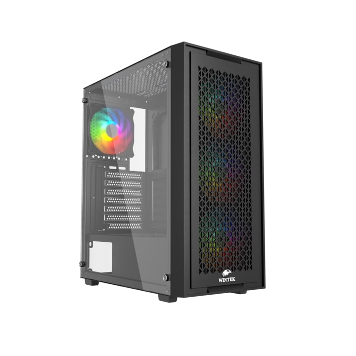 Корпус Wintek Moon PS195-5-B TG, ATX/Micro ATX, USB 1*3.0/2*2.0, 0,45mm, 4*12cm RGB fan, Black