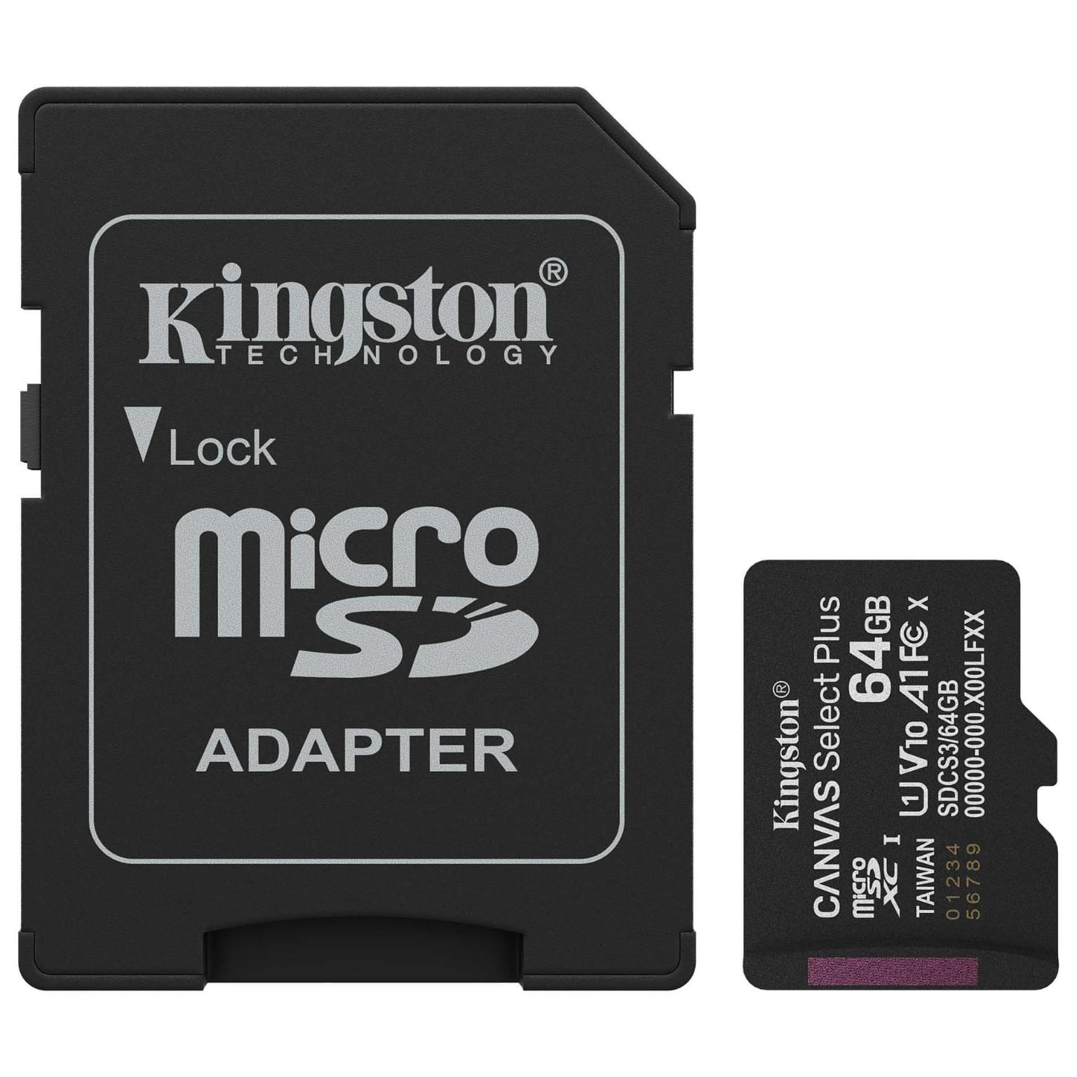 Карта памяти, Kingston, SDCS3/64GB, MicroSDXC 64GB, Canvas Select Plus, A1, U1, V10, c адаптером SD