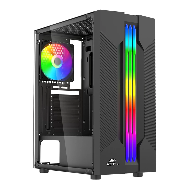 Корпус Wintek Flame-V3 I218-B TG, ATX/Micro ATX, USB 1*3.0/1*2.0, 0.5mm, 1*12cm RGB, Black