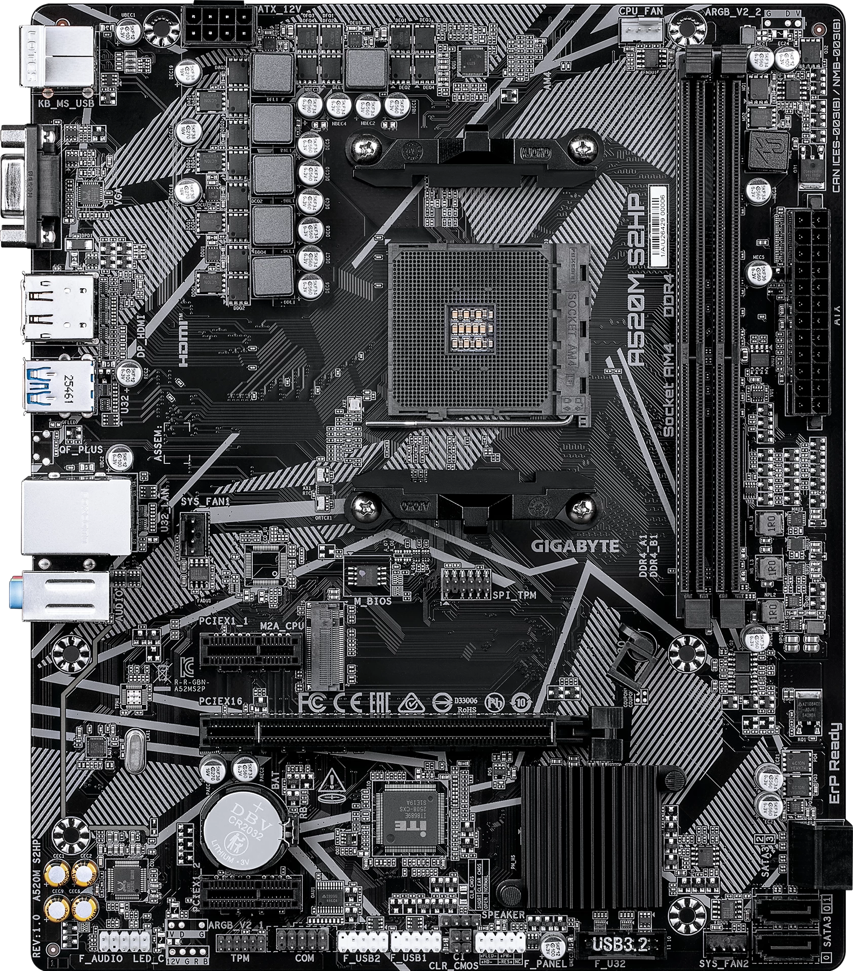 Мат.плата AMD Gigabyte A520M S2HP, AM4, 2xDDR4, PCIe3.0, VGA+DVI+HDMI, 4xSATA, M.2, GLAN, mATX