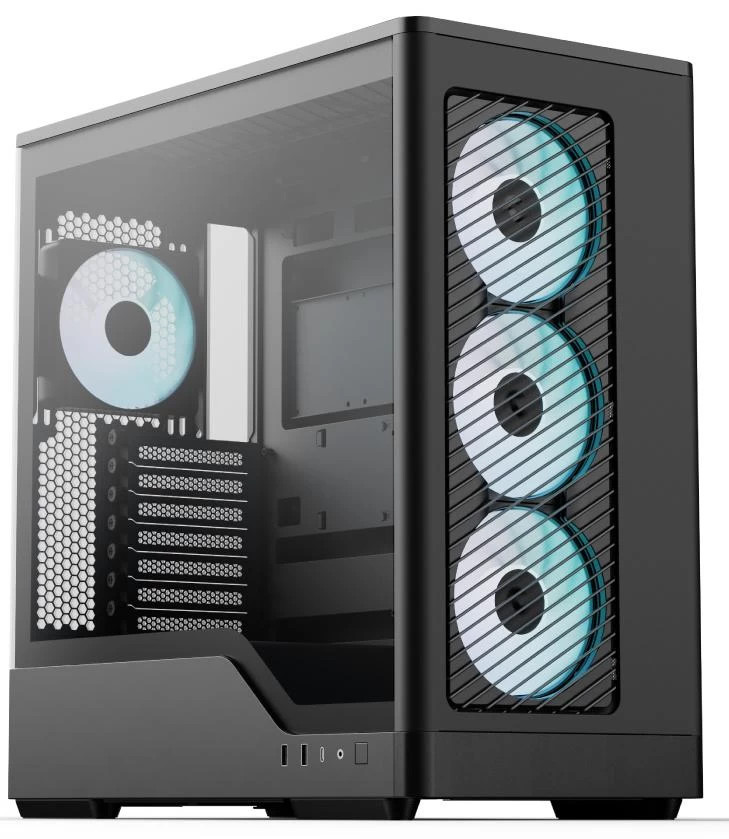 Кейс, Aerocool, D520A-BK-v1, ATX/Micro ATX, USB 1*Type C/2*3.0, HD-Audio+Mic, Кулер 4*12 см APNX ARGB, Высота процессорного кулера до 180 мм, Длина VG