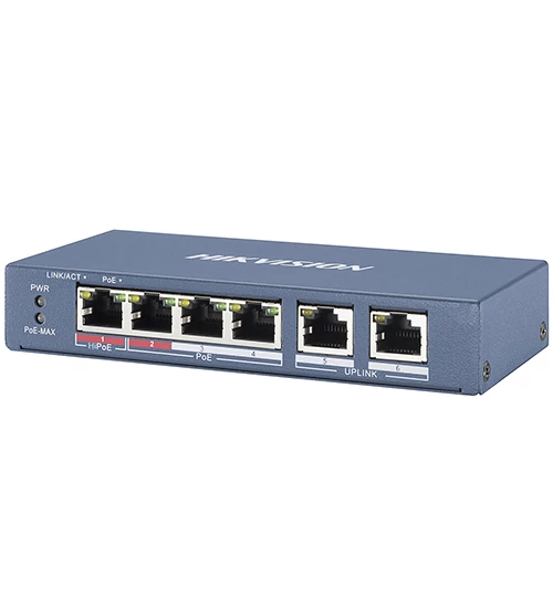 Сетевой коммутатор Hikvision DS-3E0106HP-E ,Switch 4 port 10/100 2xHi PoE, 3xPoE, 2xRJ45, PoE 60W, d