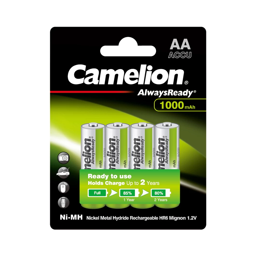 Аккумулятор, CAMELION, NH-AA1000ARBP4, AlwaysReady Rechargeable, AA, 1.2V, 1000 mAh, 4 шт. в блистер