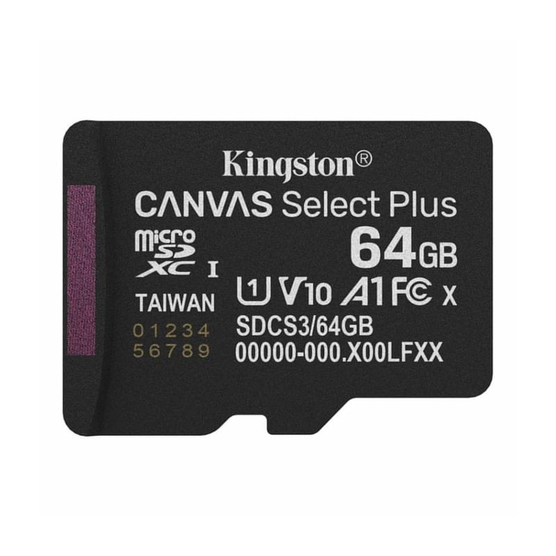 Карта памяти, Kingston, SDCS3/64GBSP, MicroSDXC 64GB, Canvas Select Plus, A1, U1, V10, без адаптера SD