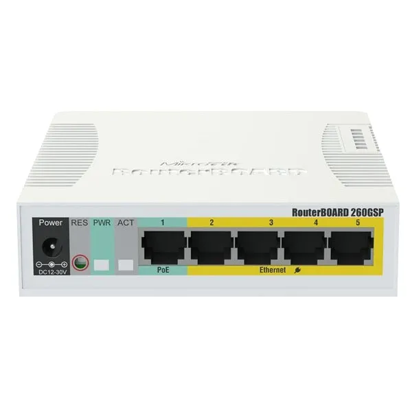 Сетевой коммутатор MikroTik RB260GSP ,Switch 5 port 10/100/1000 Mbit, 5 RJ45, SFP, PoE, [CSS106-1G-4P-1S]