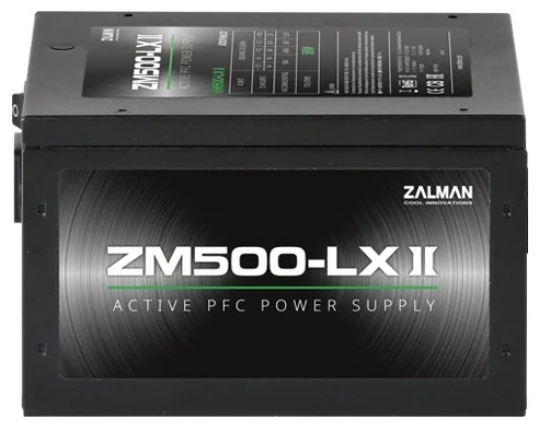 Блок питания  Zalman ZM500-LXII, 500W, ATX, APFC, 20+4pin, 2*PCI-E 6+2 pin, 6*SATA, 3*Molex, Вентилятор 12см, Черный