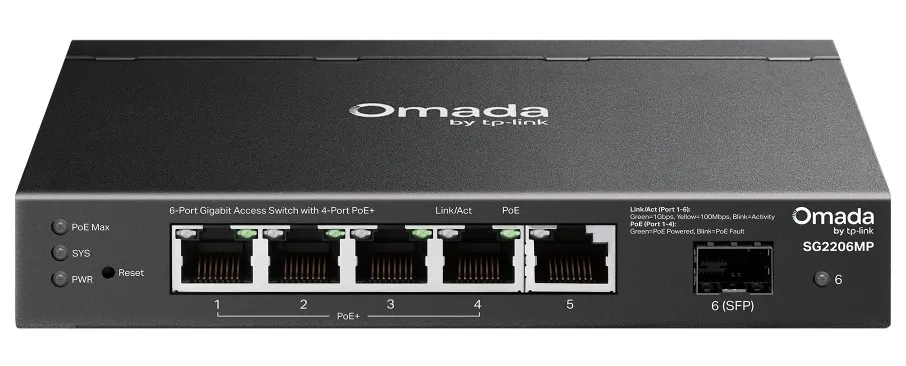 Коммутатор PoE+ Smart GbE  6-портовый TP-Link SG2206MP <Omada 4 порта GbE 802.3af/at (max 30W на порт),  1 порт GbE RJ45, 1 Гигабитных SFP-слот, комму