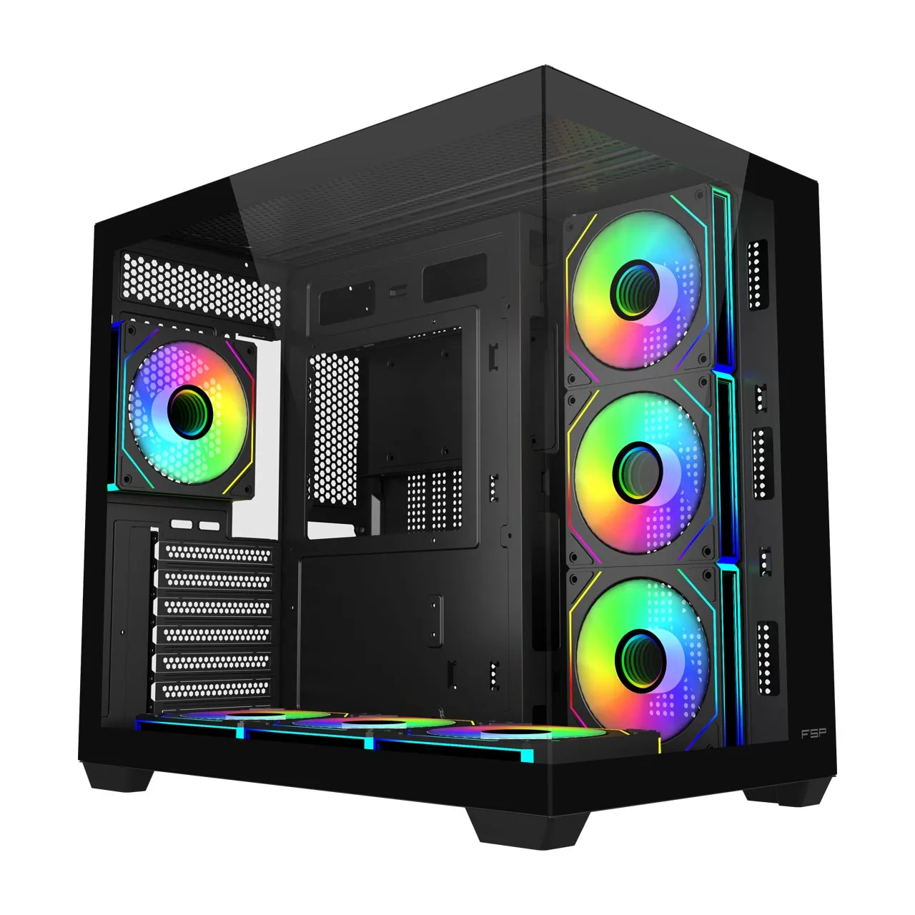 Компьютерный корпус FSP M341-BA, Без БП, 2xUSB3.0/Type-C, 7xARGB 120mm, 2xGlass, Black, ATX