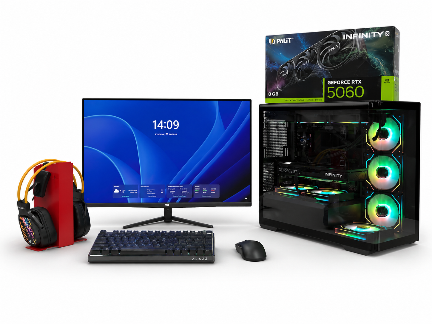 ИГРОВОЙ ПК с МОНИТОРОМ i5-14400F/H610M K V2/Вод,охл GT360M ARGB/8+8 DDR5/1 Tb NVMe/RTX5060 8 Gb/D300 Black/700W/27" XG 240Hz/AK820/AJ159/G565 Energy