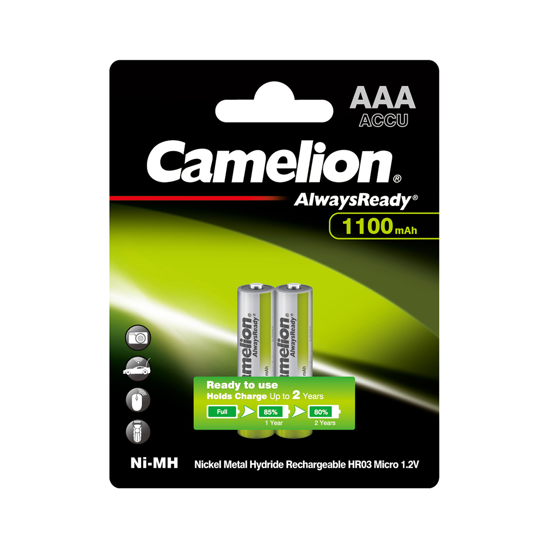 Аккумулятор, CAMELION, NH-AAA1100ARBP2, AlwaysReady Ni-MH Rechargeable, AAA, 1.2V, 1100 mAh, 2 шт.,