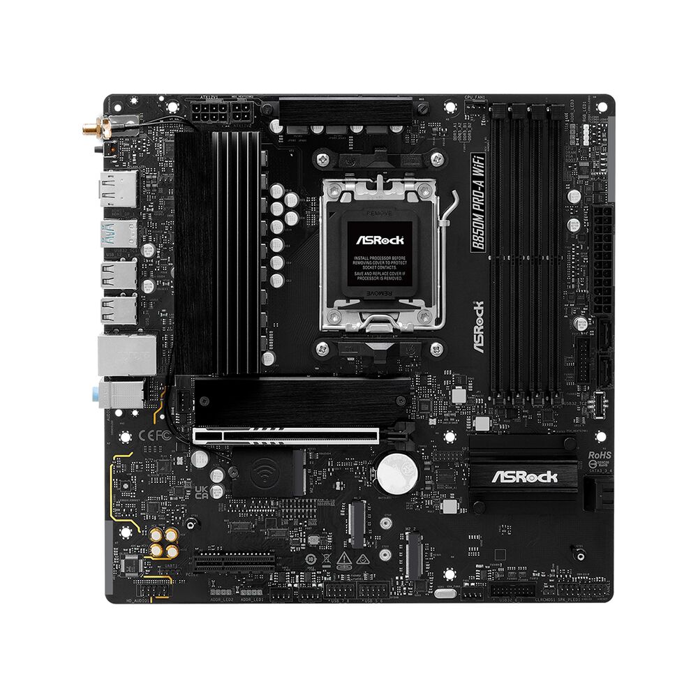 Мат.плата AMD ASRock B850M PRO-A WIFI, AM5, B850, 4xDDR5 8000+(OC), 4xSATA3, 3xM.2 (1*PCI-E 5.0x4, 2*PCI-E 4.0x4), Raid, 1xDP, 1xHDMI, 1xPCI-Ex16, 1xP