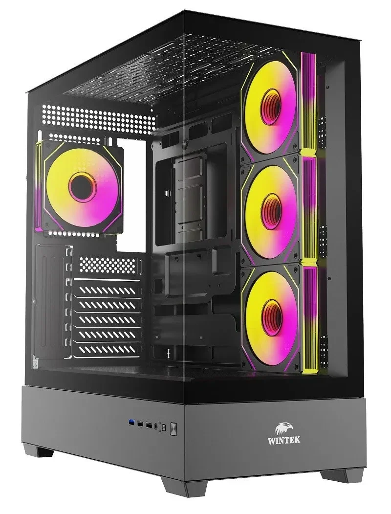 Корпус Wintek Tower 225-B TG, ATX, USB 1*3.0/2*2.0, HD+Mic, 0,5mm, 4*12cm ARGB, Black