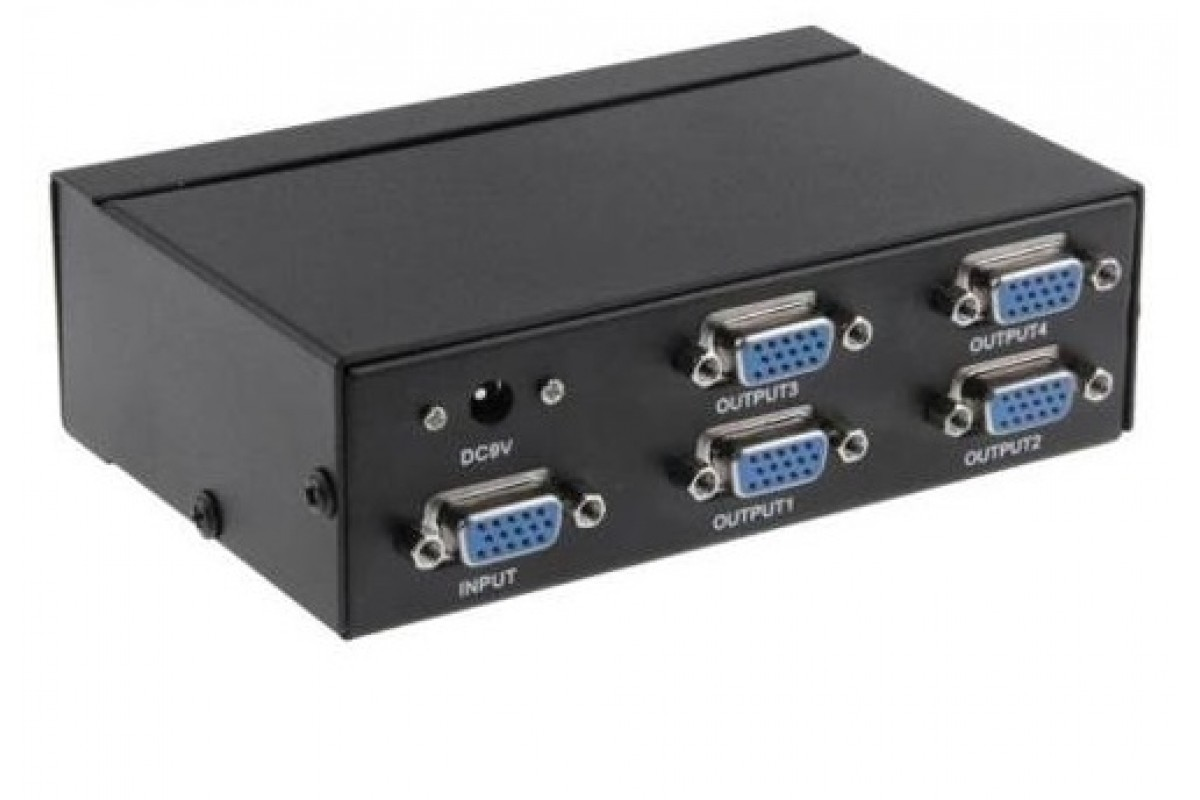 VGA Splitter Fengjie FJ-2504A (4 port),4 порта, 250Mhz, 1920х1440, металл, черный, бл. питания 9V