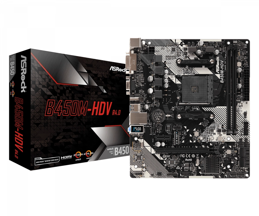 Мат.плата AMD ASRock B450M-HDV R4.0, AMD AM4 Socket, 2xDDR4 (3200+ OC) 4xSATA3, 1xUM.2 (PCIe Gen3 x4
