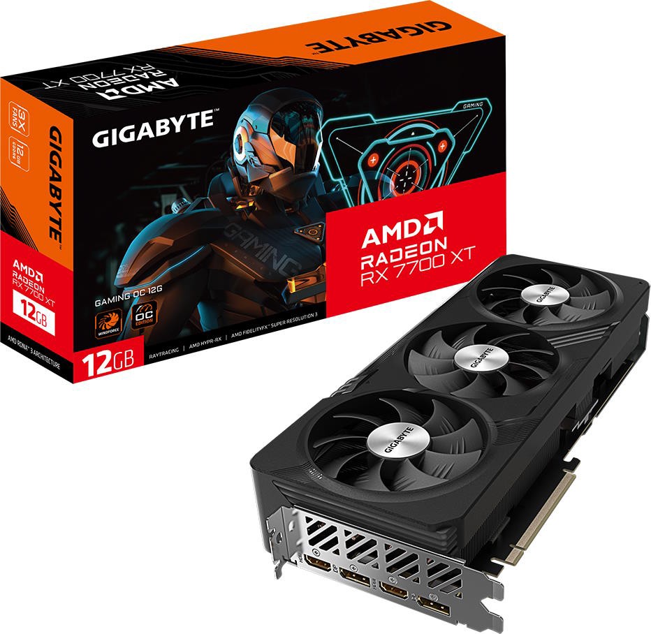 Видеокарта 12 Gb Gigabyte Radeon RX 7700 XT GAMING OC 12G (GV-R77XTGAMING OC-12GD), GDDR6, 192bit, 2-HDMI, 3-DP, Windforce 3X Fan, 302*130*56 мм, Цвет