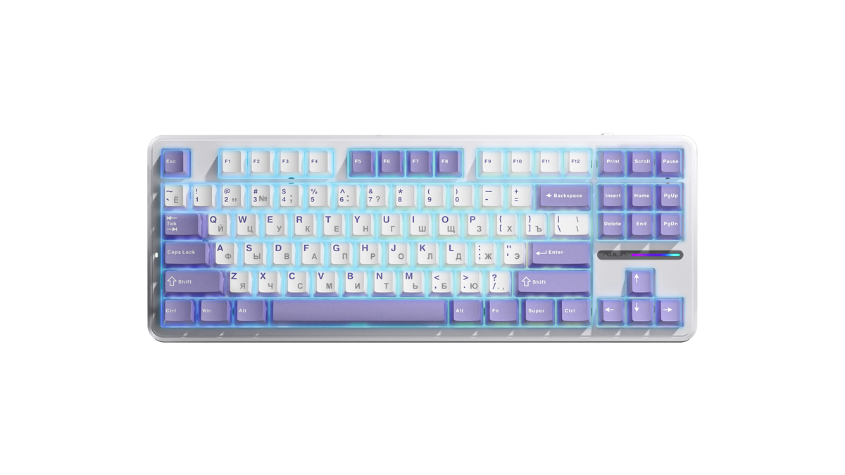 Клавиатура AULA F87, mechanical, Gray Wood V3 switch, 87 keys EN/RU, 2.4/BT/cable, Blue-white-purple/ F87 G/W3 BWP