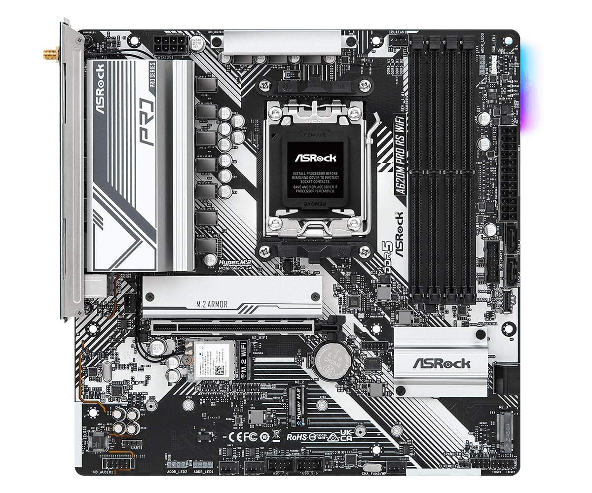 Мат.плата AMD ASRock A620M PRO RS WIFI AM5 2xDDR5 4xSATA3 RAID 2xM.2 HDMI DP mATX