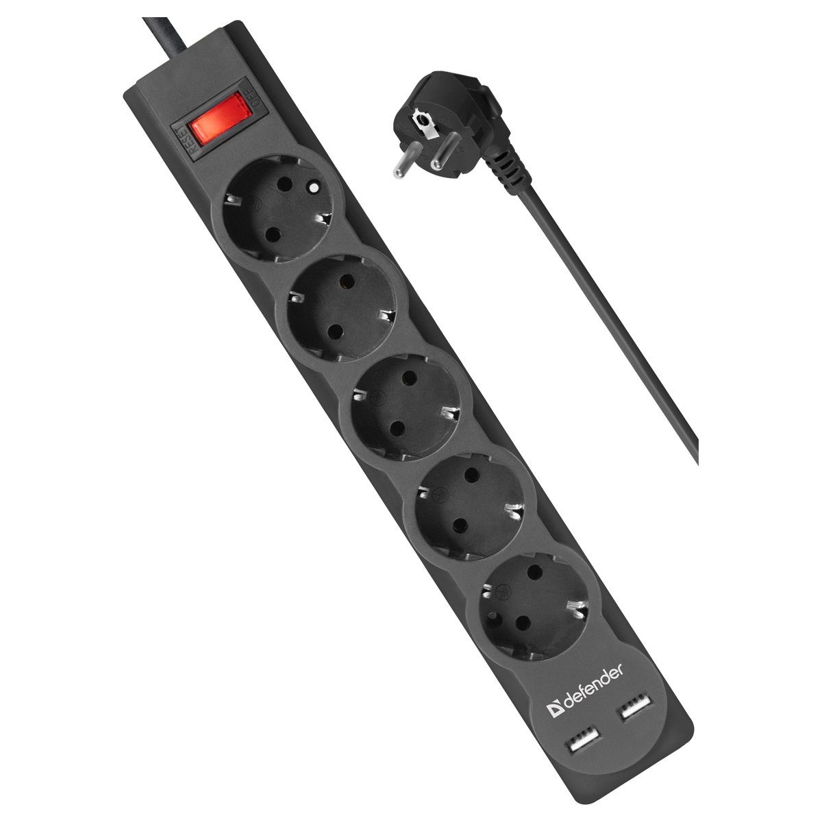 Сетевой фильтр Defender DFS 755 - 5,0 М, 5 розеток, 2xUSB, черный