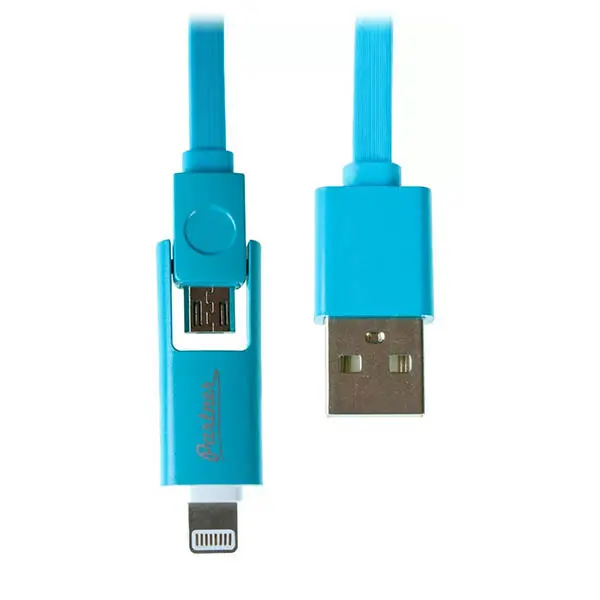 Кабель OLMIO USB 2.0 - microUSB/Apple 8pin, 2-в-1, 1м, 2.1A, голубой, плоский