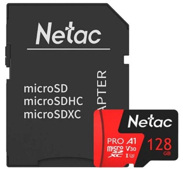 Карта памяти MicroSD 128GB Class 10 V30/A1 Netac NT02P500PRO-128G-R с адаптером