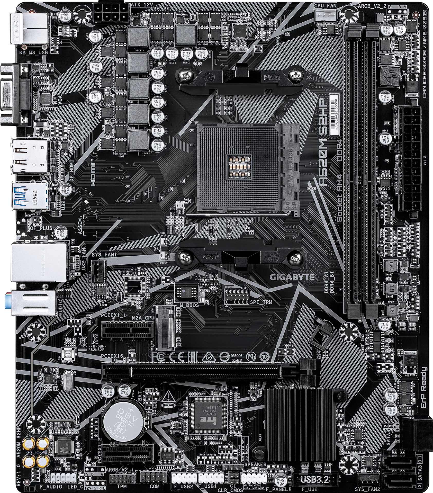 Мат.плата AMD Gigabyte A520M S2HP, AM4, 2xDDR4, PCIe3.0, VGA+DVI+HDMI, 4xSATA, M.2, GLAN, mATX