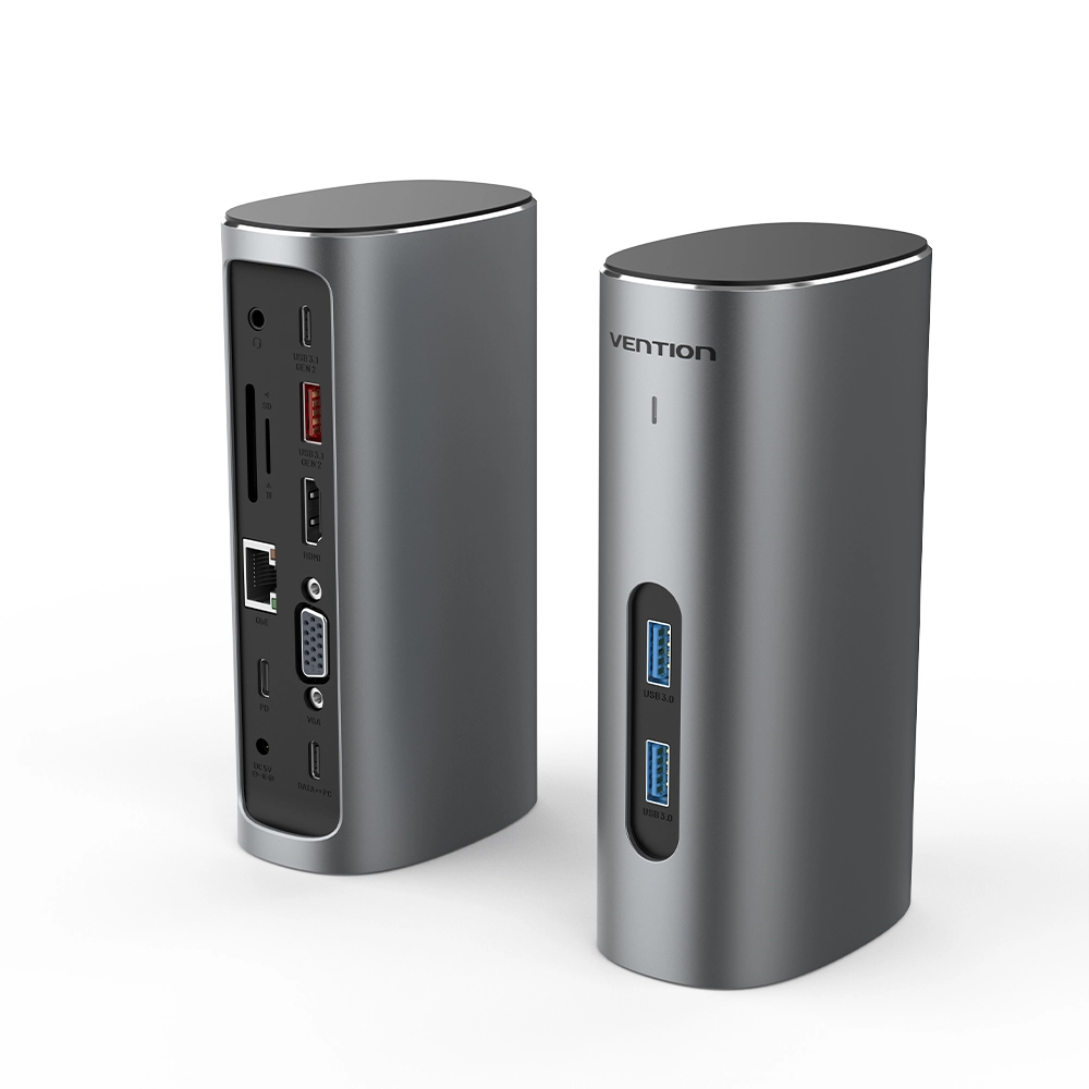 Докстанция Vention TPJH0-TY <USB-C to HDMI/VGA/USB 3.1 Gen 2/USB 3.1 Gen 2-C/USB 3.0x2/RJ45/SD/TF/TRRS 3.5mm/PD/DC Docking Station Gray Vertical Alumi