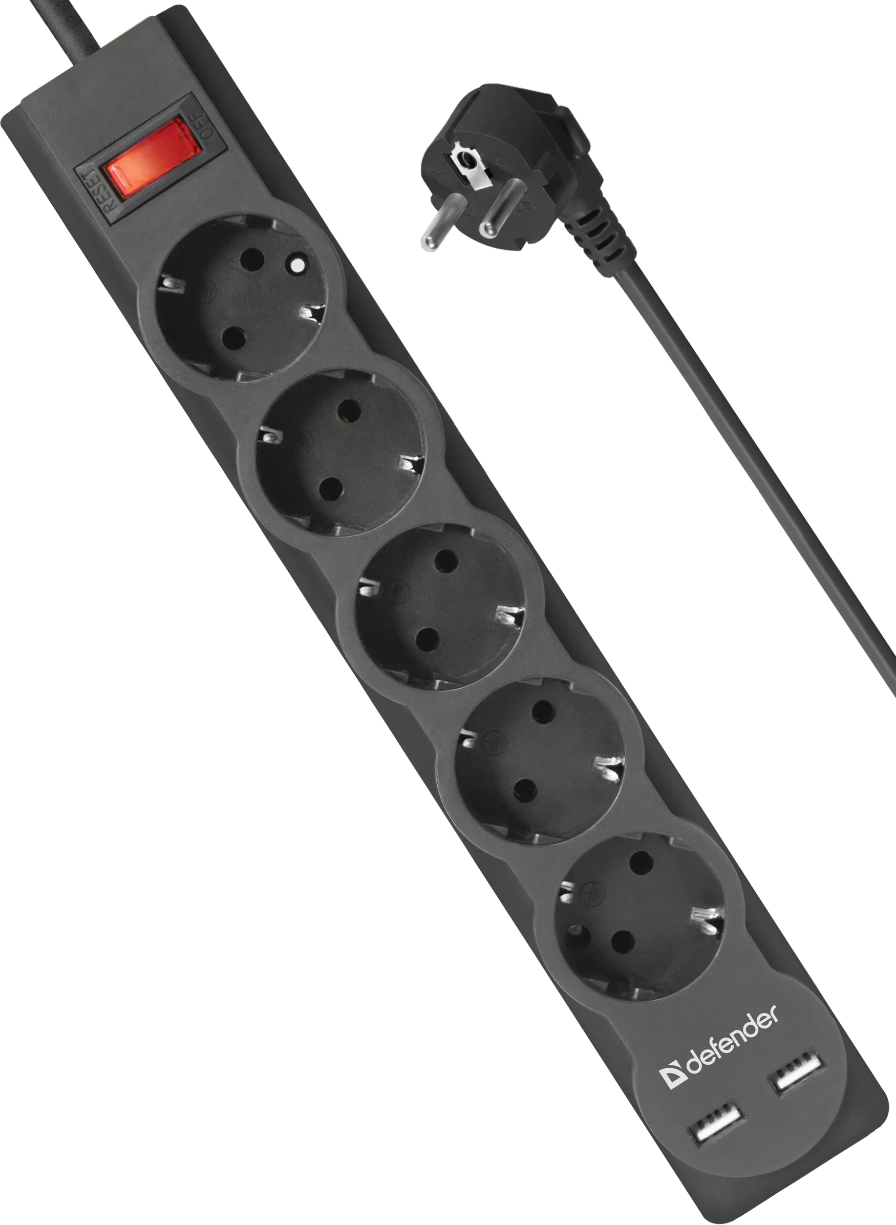 Сетевой фильтр Defender DFS 753 - 3,0 М, 5 розеток, 2xUSB, черный