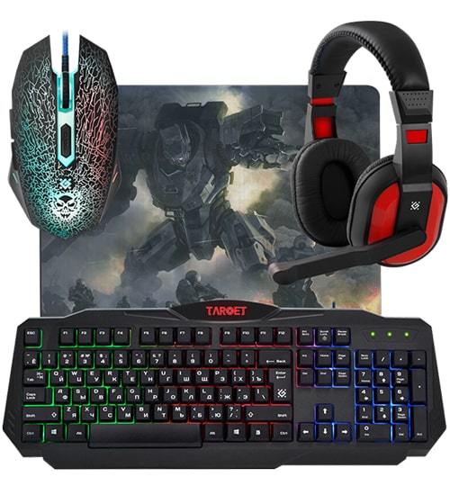 Комплект игровой Defender Target MKP-350 RU, мышь+клавиатура+ковер+гарнитура
