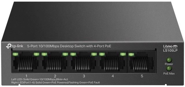 Коммутатор PoE+  5-портовый  TP-Link LS105LP <5 портов 10/100M (Порт1- Порт4 PoE IEEE 802.3af/at), бюджет мощности PoE 41W, дальность передачи данных 