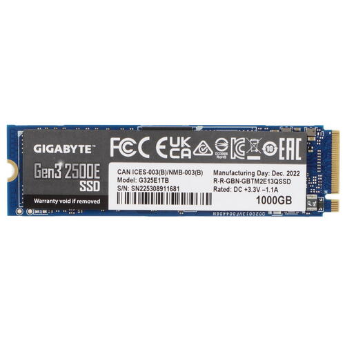 1 000 GB SSD M.2 PCIe Gigabyte, 2500E G325E1TB, 1000 GB, M.2 NVMe PCIe 3.0, 2400/1800 Мб/с