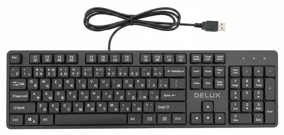 Клавиатура, Delux, SK800U, Ультратонкая, USB, Кол-во стандартных клавиш 104, 18 мультимедиа-клавиш, Размер: 451*188*18 мм., Длина кабеля 1,5 метра, Ан