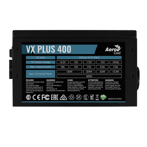 Блок питания Aerocool, VX PLUS 400, 400W, ATX, (230V None-PFC), 20+4 pin, 4+4pin, 2*Sata, 2*Molex, 1