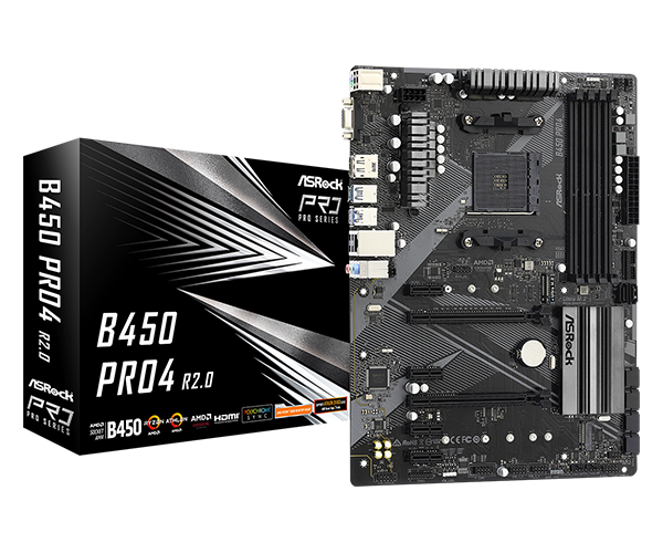 Мат.плата AMD ASRock B450 PRO4 R2.0 AM4 4xDDR4 6xSATA3 1xUM.2 1xM.2 D-Sub+HDMI+DP ATX