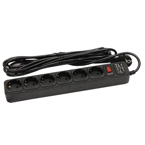 Сетевой фильтр SMART SM-06BU-5M <XH-EU06K-5M, черный, 10А, выключатель, 6роз, 5м, EU розетка, 2*USB>