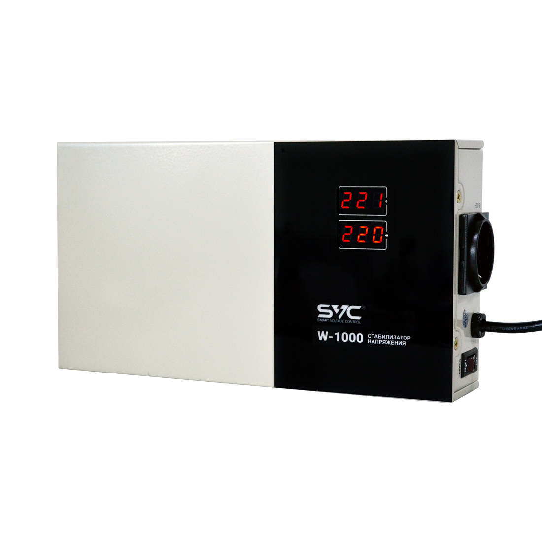 Стабилизатор (AVR), SVC, W-1000, Мощность 1000ВА/1000Вт, LED-дисплей, Диапазон работы AVR: 140-260В, Вых.: 220В+/-7%, 1 х Shcuko, Кабель питания: 1,35