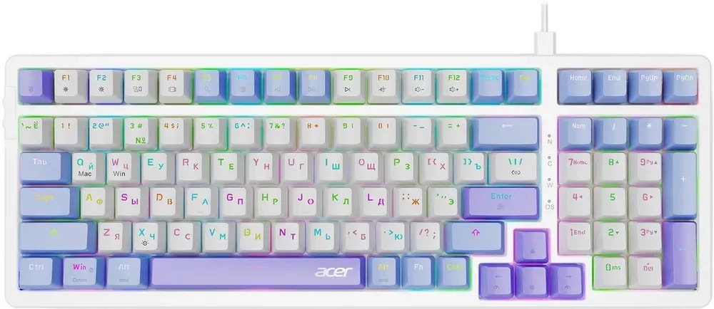 Клавиатура USB, Acer OKW304, Белый/голубой/фиолетовый ,KeyBoard 100 buttons, rus/lat, White/Blue/Purple