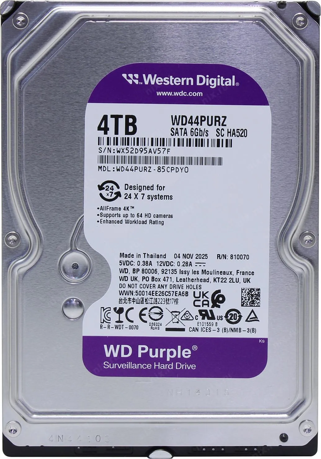 Винчестер для видеонаблюдения 4Tb Western Digital Purple SATA 6Gb/s 128Mb 3,5" WD44PURZ